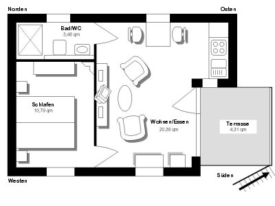 Grundriss: Ferienwohnung Bergblick mit Blick auf die | Klick vergrert den Raumplan